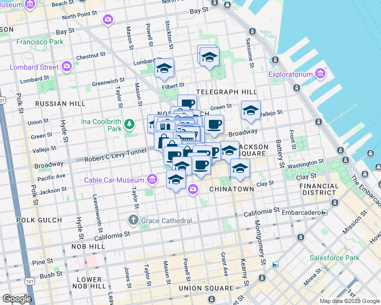 map of restaurants, bars, coffee shops, grocery stores, and more near 777 Broadway in San Francisco