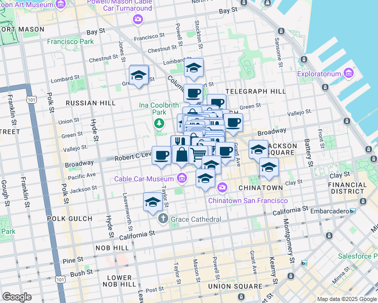 map of restaurants, bars, coffee shops, grocery stores, and more near 1335 Powell Street in San Francisco