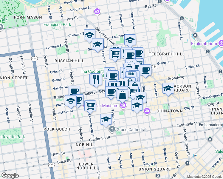 map of restaurants, bars, coffee shops, grocery stores, and more near 999 Robert C Levy Tunnel in San Francisco