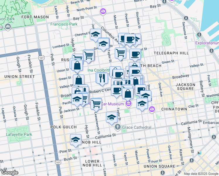 map of restaurants, bars, coffee shops, grocery stores, and more near 1700 Jones Street in San Francisco