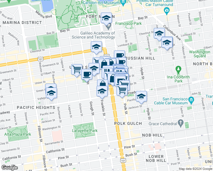 map of restaurants, bars, coffee shops, grocery stores, and more near 2300 U.S. 101 in San Francisco