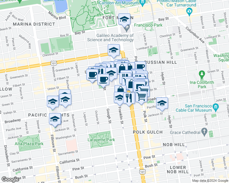 map of restaurants, bars, coffee shops, grocery stores, and more near in San Francisco