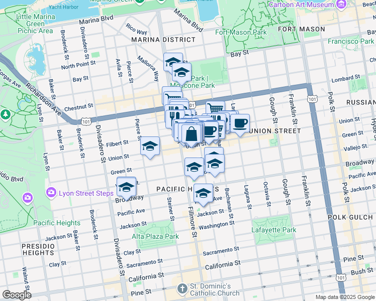 map of restaurants, bars, coffee shops, grocery stores, and more near 2914 Fillmore Street in San Francisco