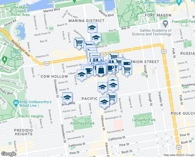 map of restaurants, bars, coffee shops, grocery stores, and more near 2914 Fillmore Street in San Francisco