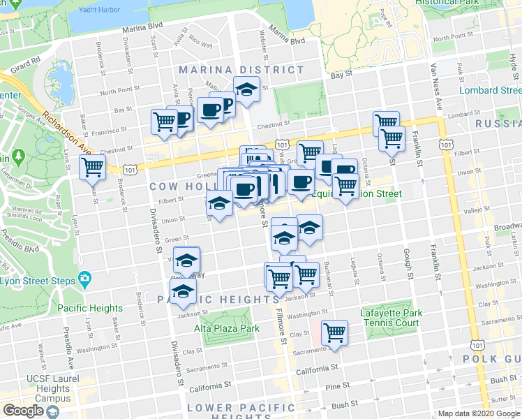 map of restaurants, bars, coffee shops, grocery stores, and more near in San Francisco