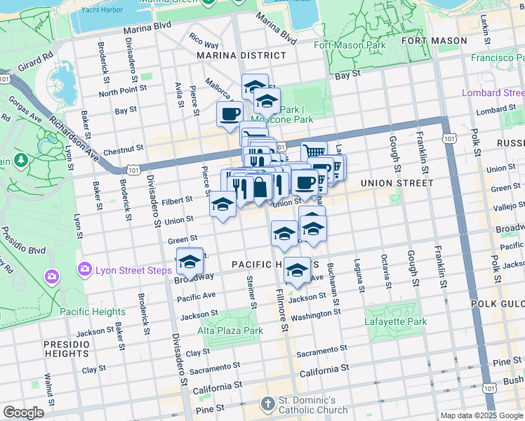 map of restaurants, bars, coffee shops, grocery stores, and more near in San Francisco
