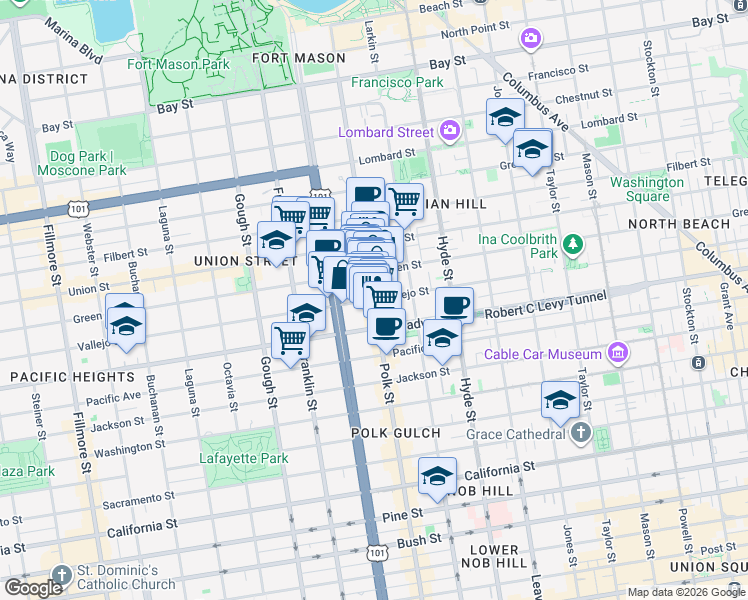 map of restaurants, bars, coffee shops, grocery stores, and more near Vallejo St & Polk St in San Francisco