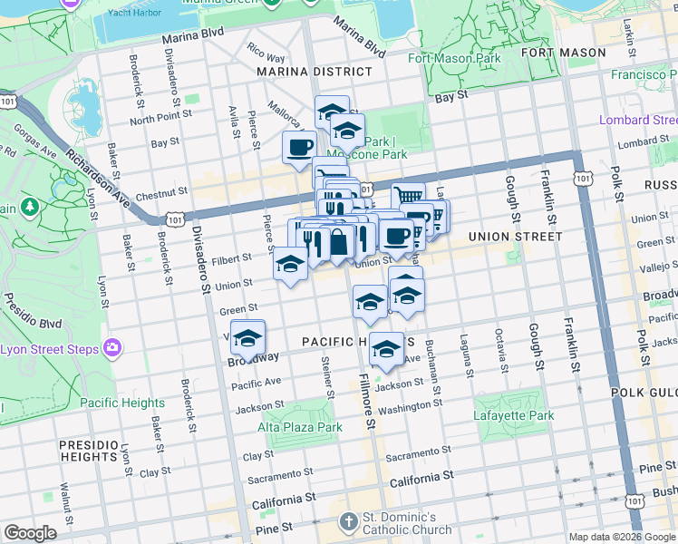map of restaurants, bars, coffee shops, grocery stores, and more near in San Francisco