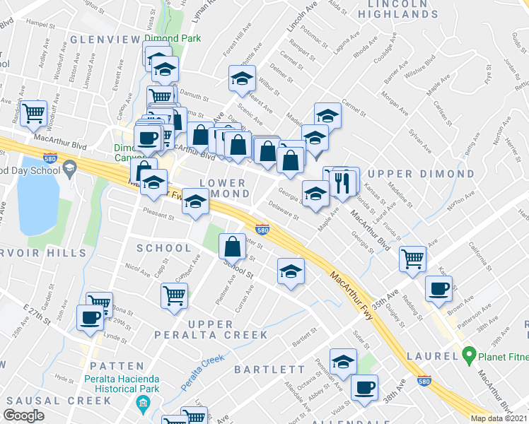 map of restaurants, bars, coffee shops, grocery stores, and more near 2820 Montana Street in Oakland