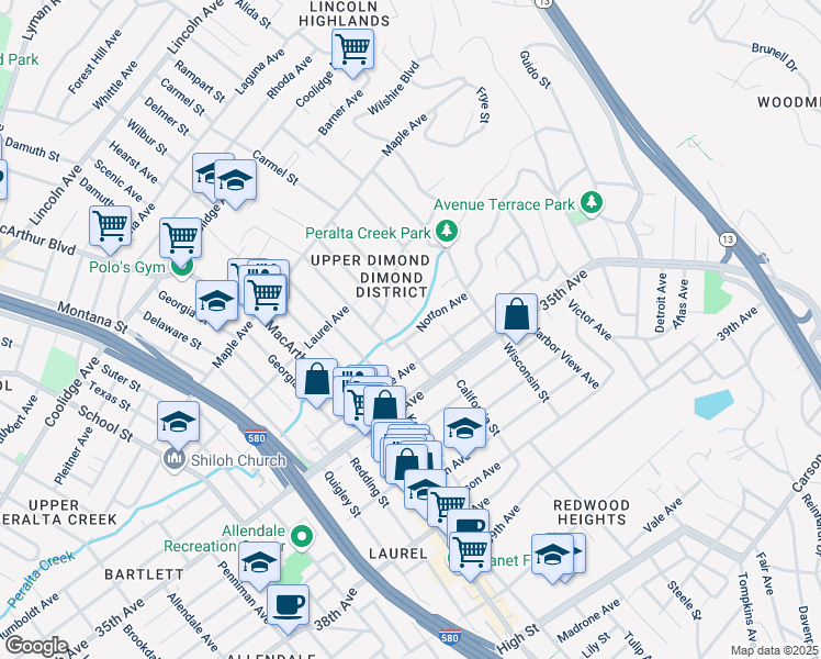 map of restaurants, bars, coffee shops, grocery stores, and more near 3815 Silverwood Avenue in Oakland