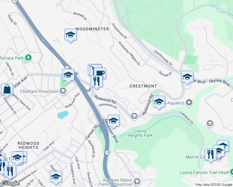 map of restaurants, bars, coffee shops, grocery stores, and more near 4338 Terrabella Way in Oakland