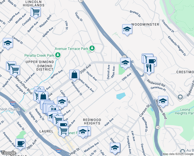 map of restaurants, bars, coffee shops, grocery stores, and more near 3654 Victor Avenue in Oakland