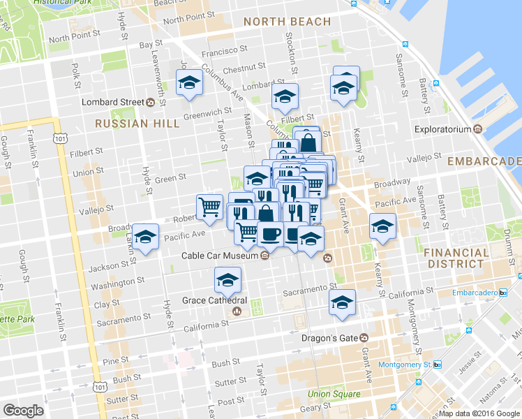 map of restaurants, bars, coffee shops, grocery stores, and more near 1457 Mason Street in San Francisco