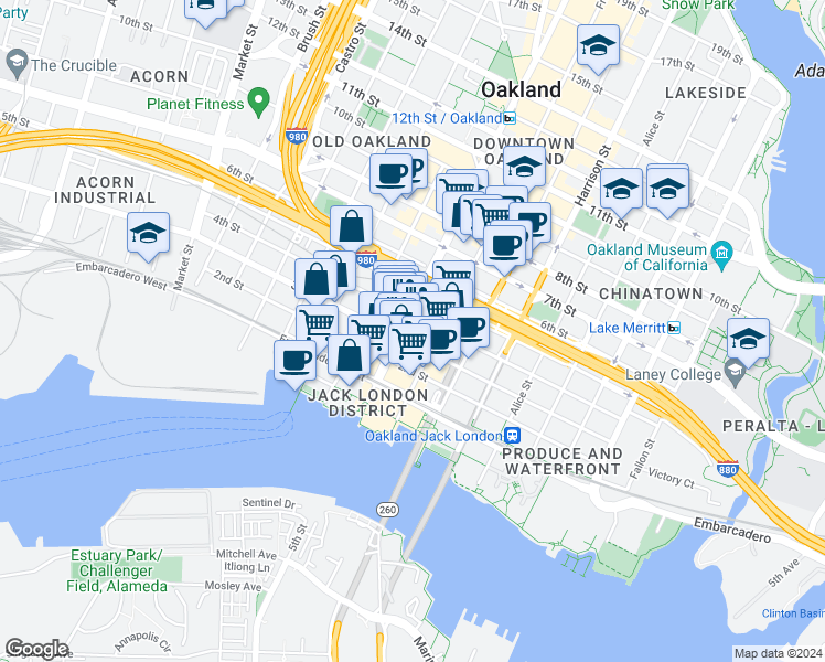 map of restaurants, bars, coffee shops, grocery stores, and more near 322 Broadway in Oakland