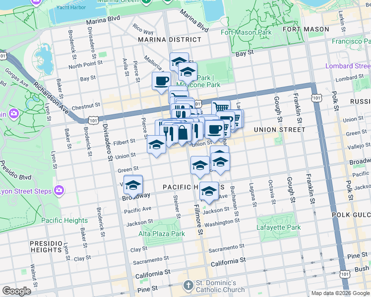 map of restaurants, bars, coffee shops, grocery stores, and more near in San Francisco