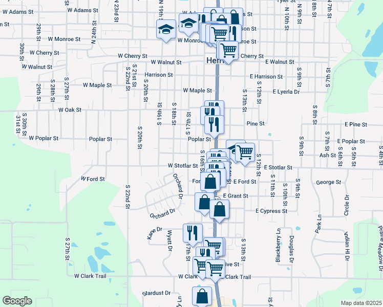 map of restaurants, bars, coffee shops, grocery stores, and more near 204 W Ash St in Herrin