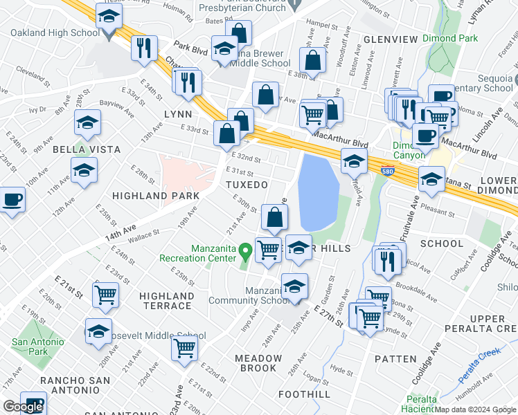 map of restaurants, bars, coffee shops, grocery stores, and more near 2122 East 30th Street in Oakland