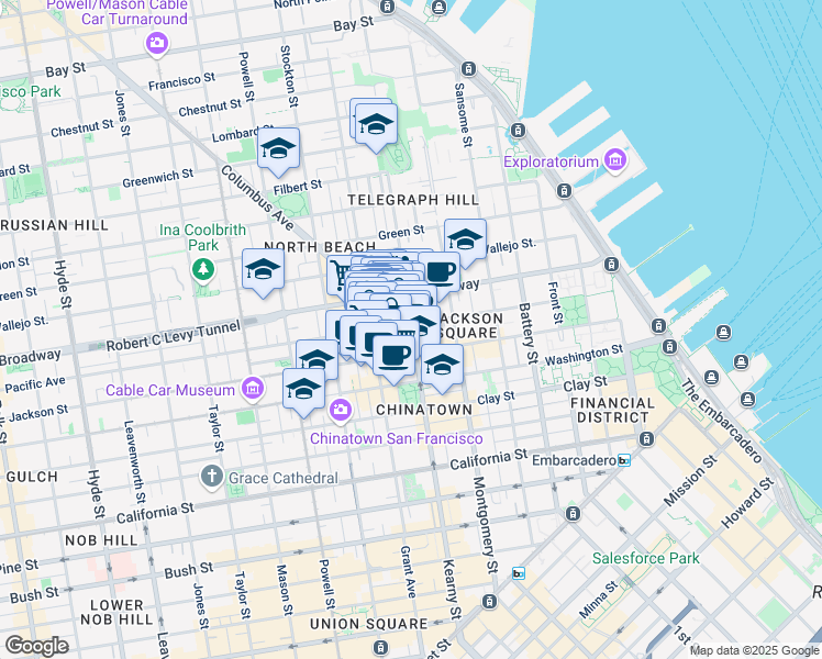 map of restaurants, bars, coffee shops, grocery stores, and more near Columbus Ave & Kearny St in San Francisco