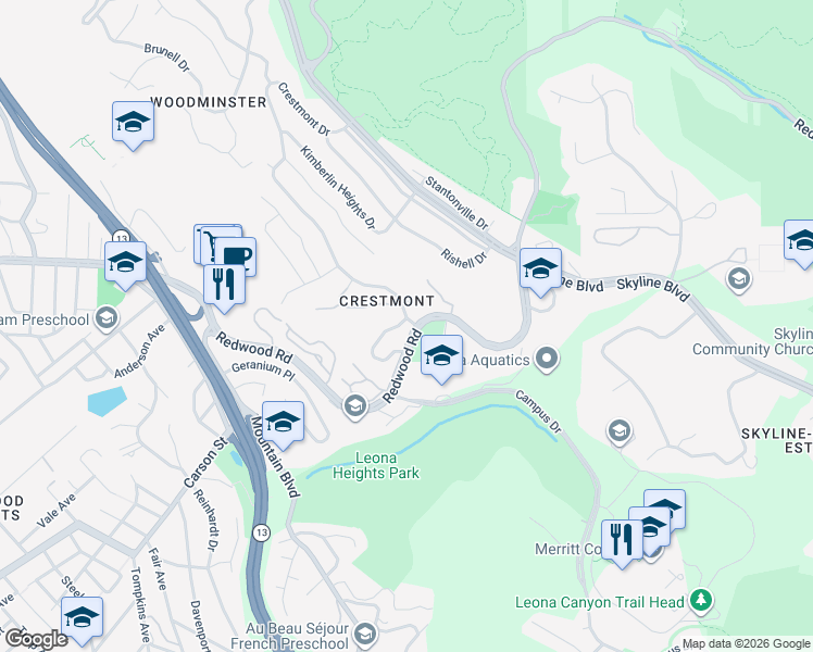 map of restaurants, bars, coffee shops, grocery stores, and more near 48 Kingwood Road in Oakland