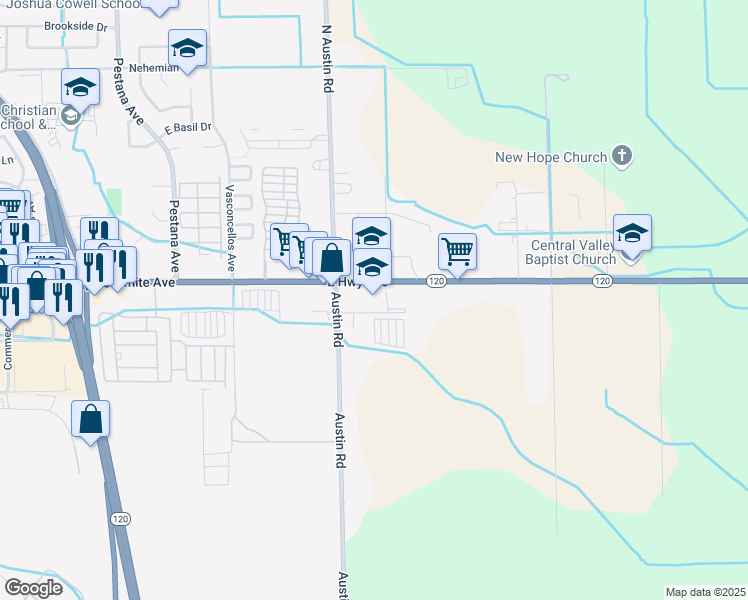map of restaurants, bars, coffee shops, grocery stores, and more near 130 South Austin Road in Manteca