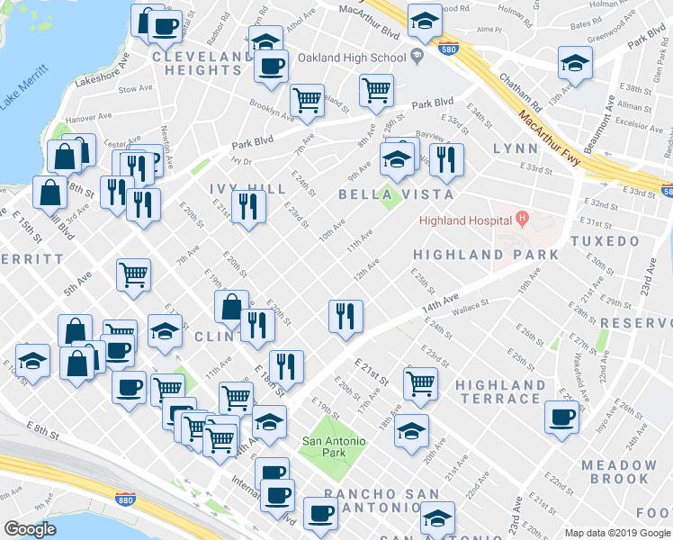 map of restaurants, bars, coffee shops, grocery stores, and more near 2232 11th Avenue in Oakland