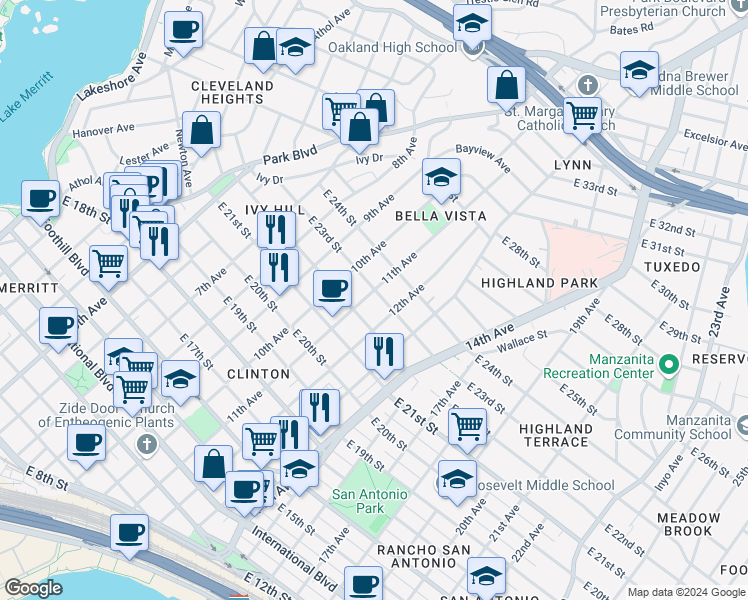 map of restaurants, bars, coffee shops, grocery stores, and more near 2232 11th Avenue in Oakland