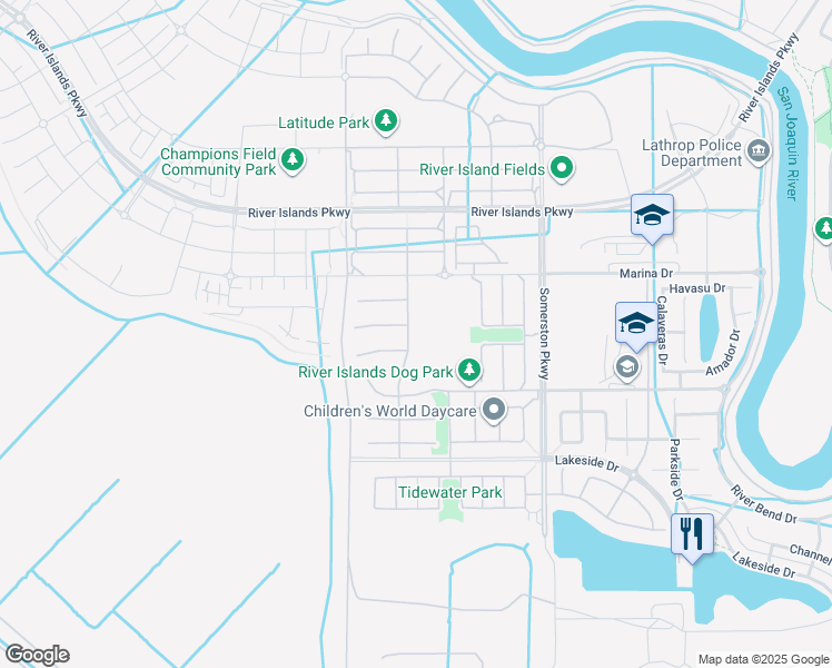 map of restaurants, bars, coffee shops, grocery stores, and more near 18006 Silver Springs Way in Lathrop