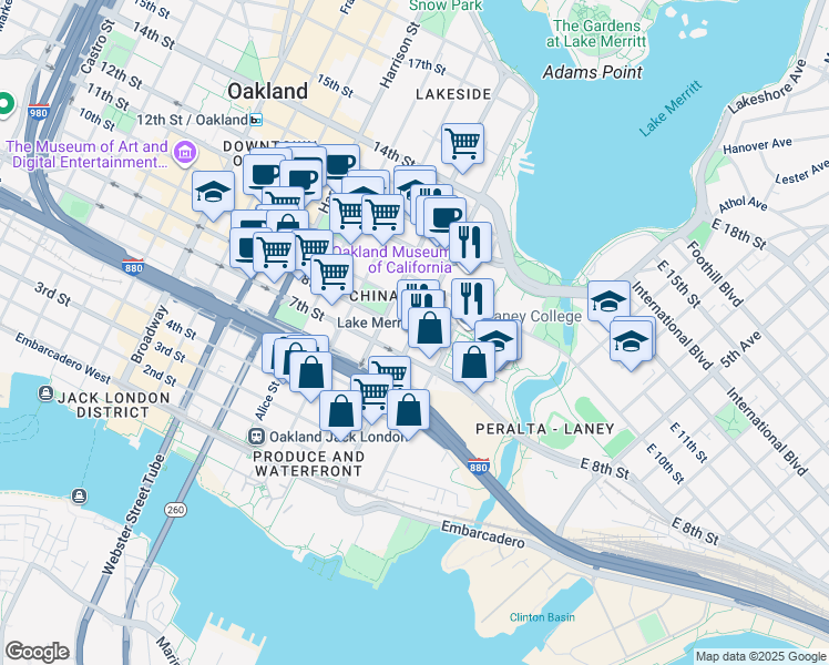 map of restaurants, bars, coffee shops, grocery stores, and more near in Oakland