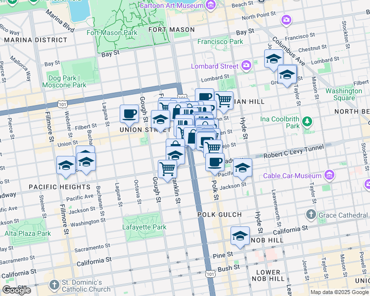 map of restaurants, bars, coffee shops, grocery stores, and more near 2307 Van Ness Avenue in San Francisco