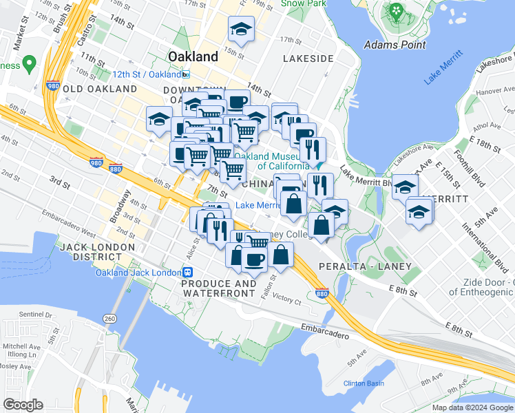 map of restaurants, bars, coffee shops, grocery stores, and more near 711 Madison Street in Oakland