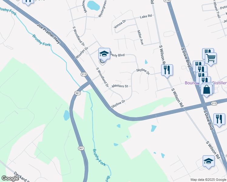 map of restaurants, bars, coffee shops, grocery stores, and more near 6000 South Woodland Drive in Radcliff