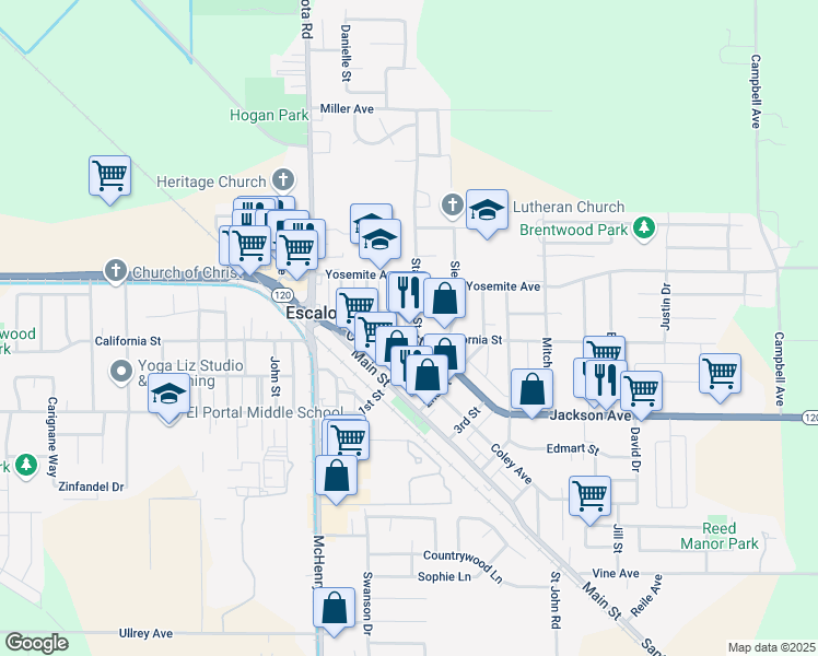 map of restaurants, bars, coffee shops, grocery stores, and more near 1429 Stanislaus Street in Escalon