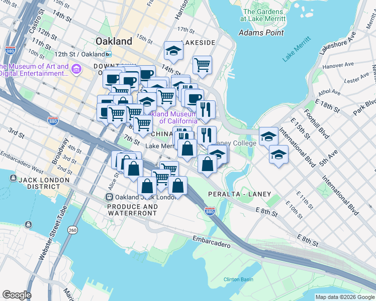 map of restaurants, bars, coffee shops, grocery stores, and more near in Oakland