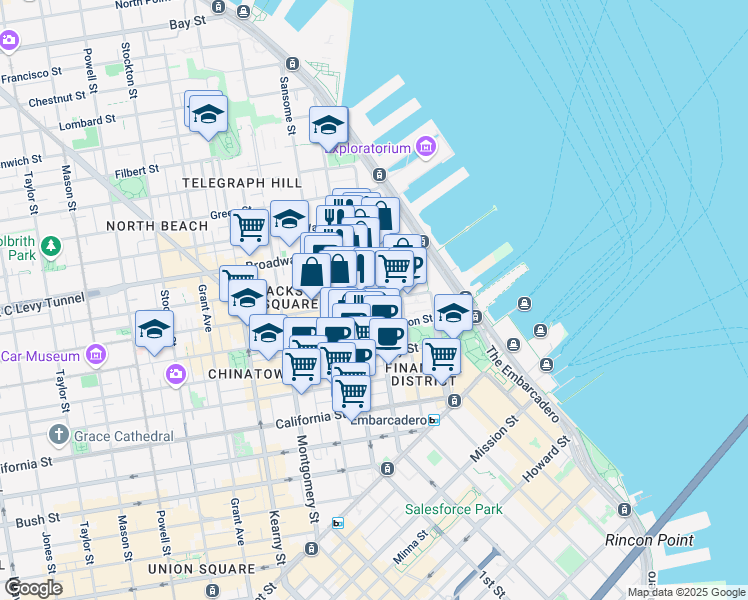 map of restaurants, bars, coffee shops, grocery stores, and more near 611 Front Street in San Francisco