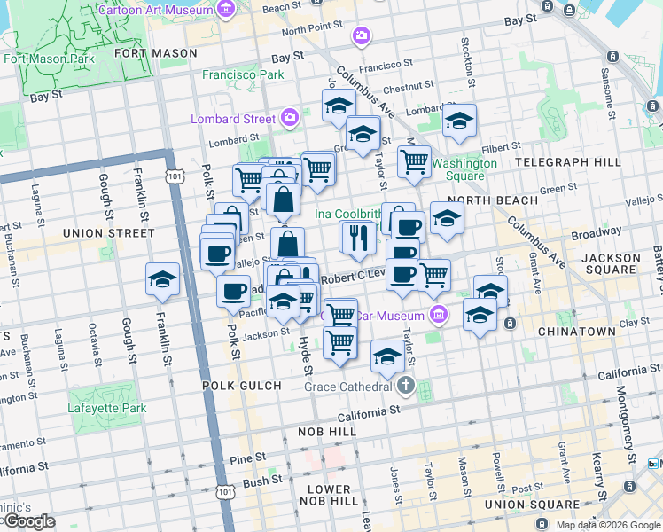 map of restaurants, bars, coffee shops, grocery stores, and more near 81 Glover Street in San Francisco