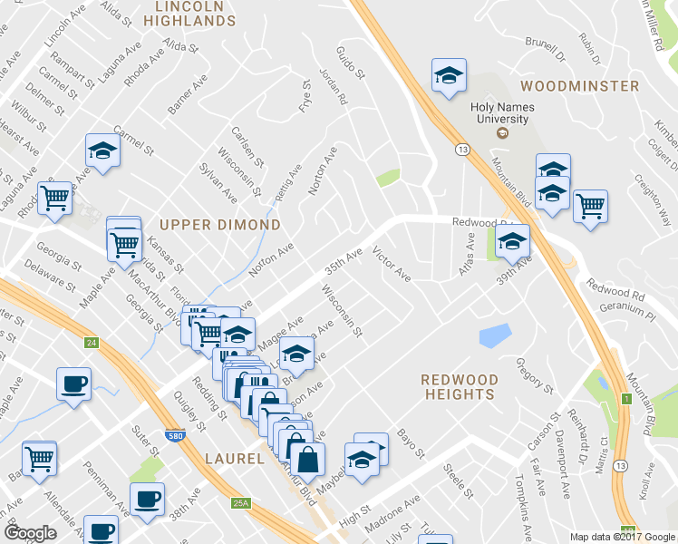 map of restaurants, bars, coffee shops, grocery stores, and more near 4038 35th Avenue in Oakland