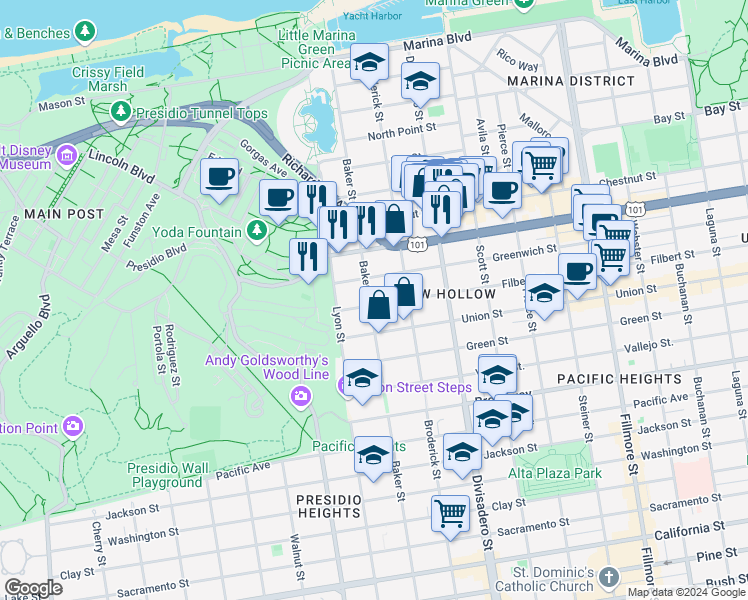 map of restaurants, bars, coffee shops, grocery stores, and more near 2762 Filbert Street in San Francisco