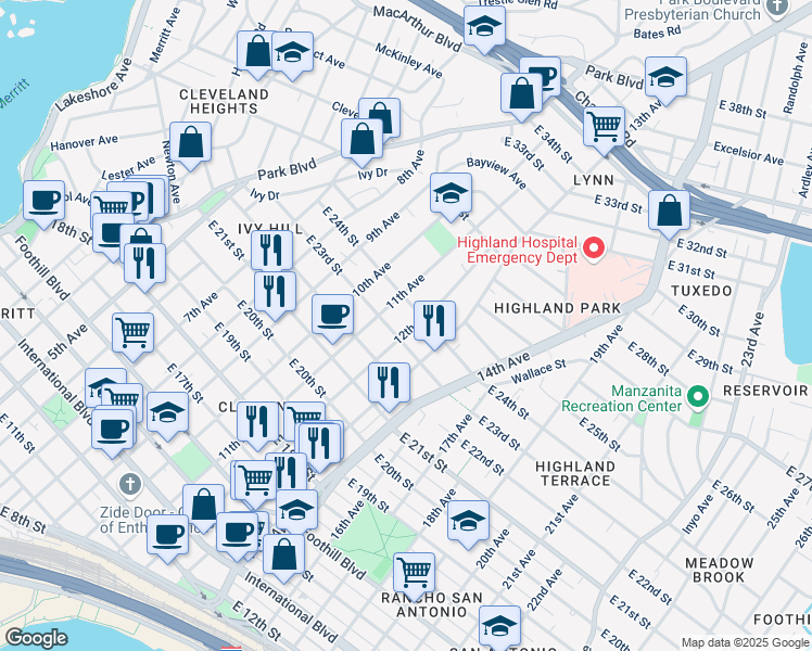 map of restaurants, bars, coffee shops, grocery stores, and more near 2321 12th Avenue in Oakland