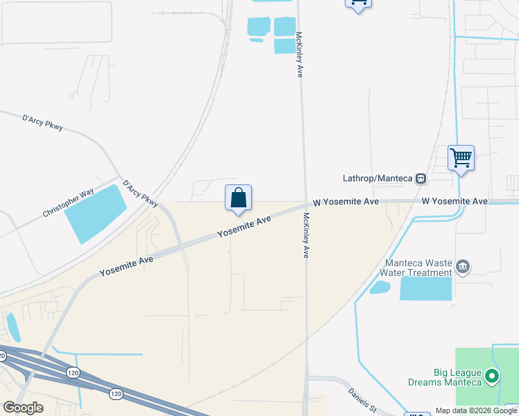 map of restaurants, bars, coffee shops, grocery stores, and more near 3155 Yosemite Avenue in Lathrop