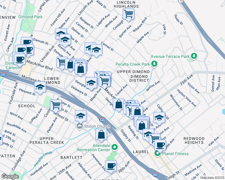map of restaurants, bars, coffee shops, grocery stores, and more near 3059 Florida Street in Oakland