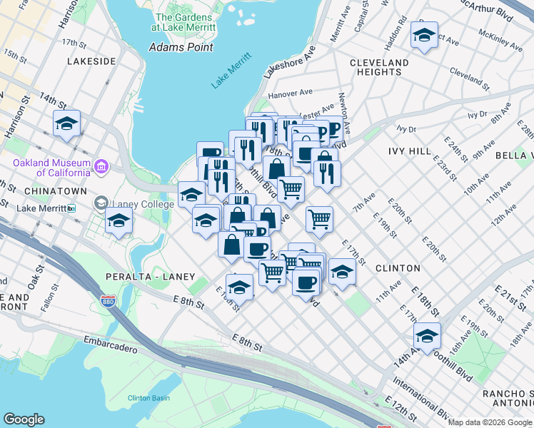 map of restaurants, bars, coffee shops, grocery stores, and more near 428 East 15th Street in Oakland