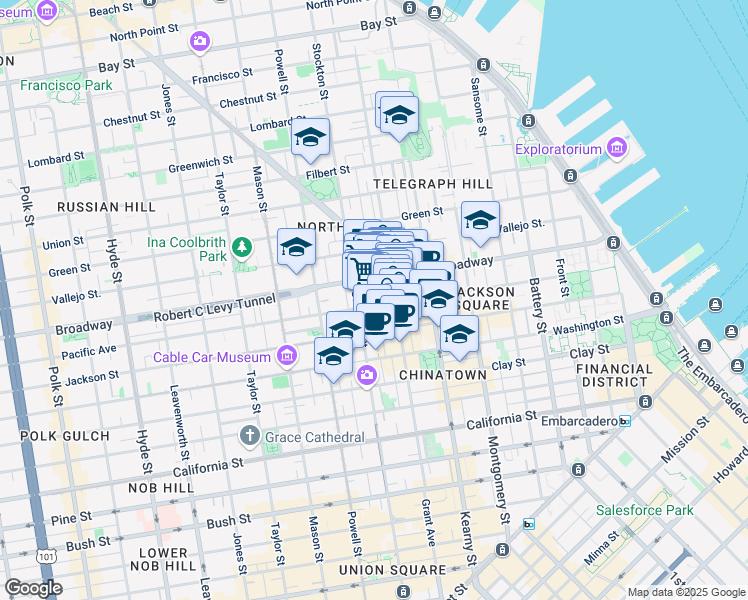 map of restaurants, bars, coffee shops, grocery stores, and more near 675 Broadway in San Francisco