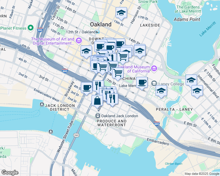 map of restaurants, bars, coffee shops, grocery stores, and more near Alice Street in Oakland
