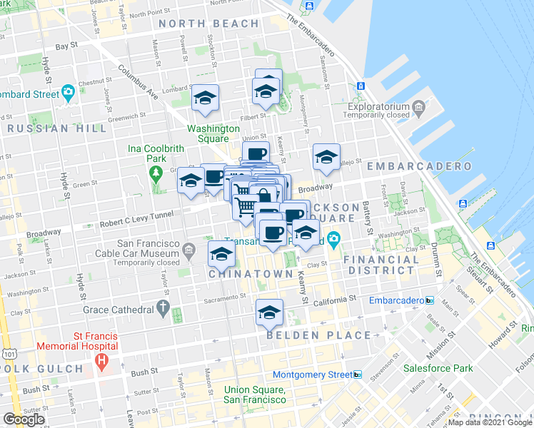 map of restaurants, bars, coffee shops, grocery stores, and more near Pacific Ave & Grant Ave in San Francisco