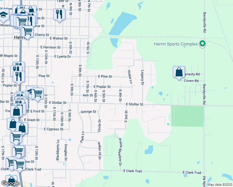 map of restaurants, bars, coffee shops, grocery stores, and more near 1117 East Ash Street in Herrin