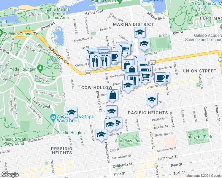 map of restaurants, bars, coffee shops, grocery stores, and more near 2936 Scott Street in San Francisco