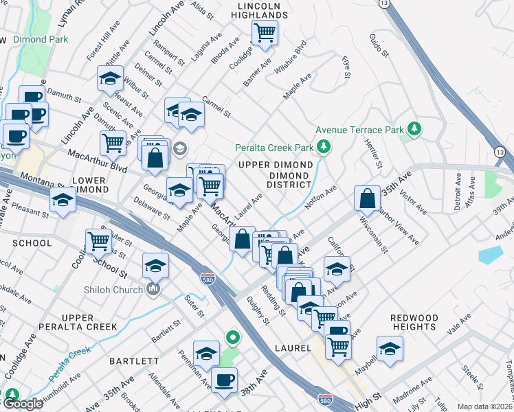 map of restaurants, bars, coffee shops, grocery stores, and more near 3676 Laurel Avenue in Oakland