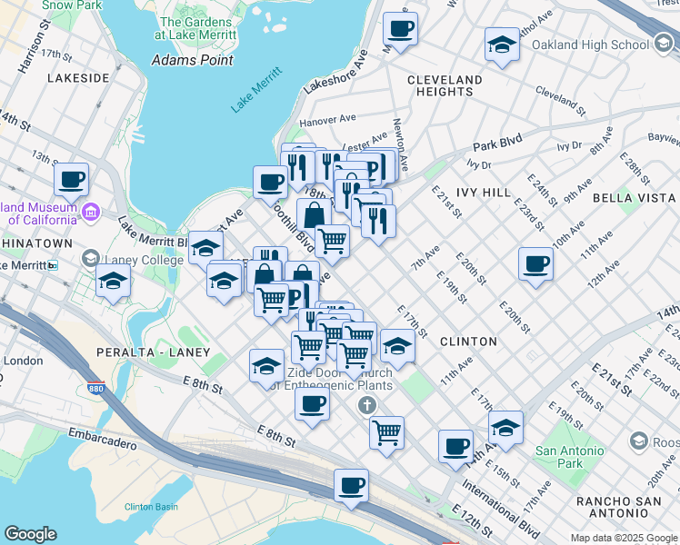 map of restaurants, bars, coffee shops, grocery stores, and more near 520 Foothill Boulevard in Oakland