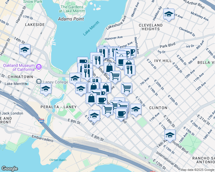 map of restaurants, bars, coffee shops, grocery stores, and more near 428 East 15th Street in Oakland