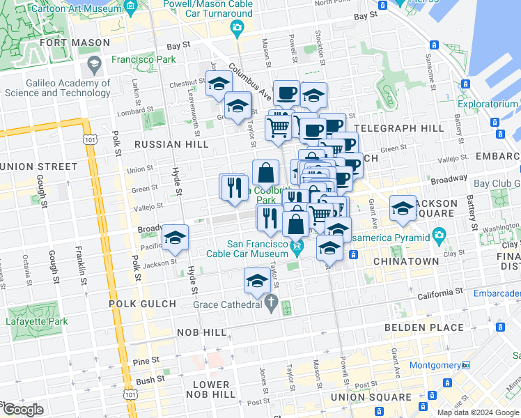 map of restaurants, bars, coffee shops, grocery stores, and more near 968 Broadway in San Francisco
